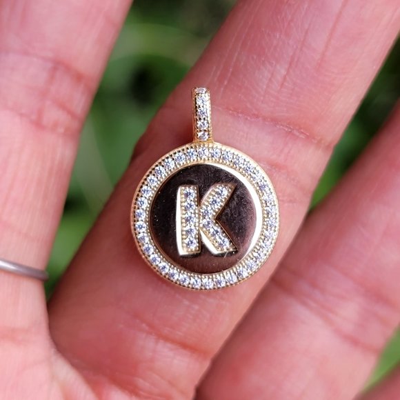 Shiny letter K pave set CZ diamonds 925 sterling silver gold vermeil disc neckla - Picture 5 of 10